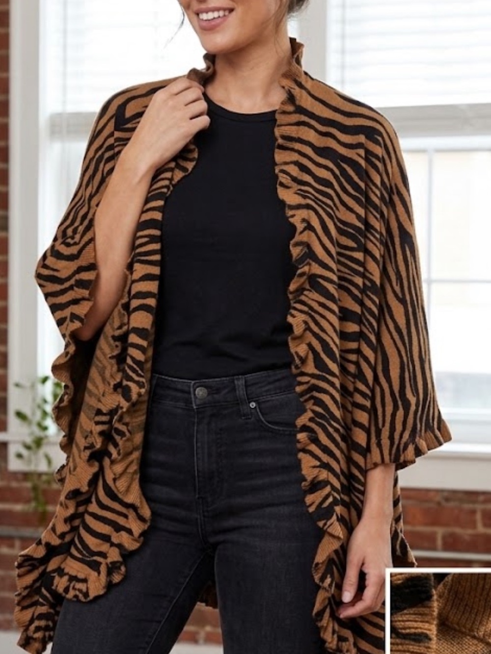 Women’s Brown Zebra-Print hi low Ruffle Shawl OSFA. Like new Condition